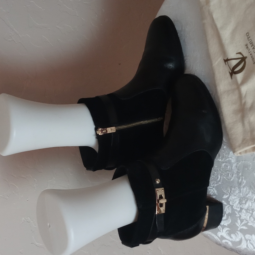 Vince Camuto Black Ankle Booties with Gold Buckle - Picture 3 of 7
